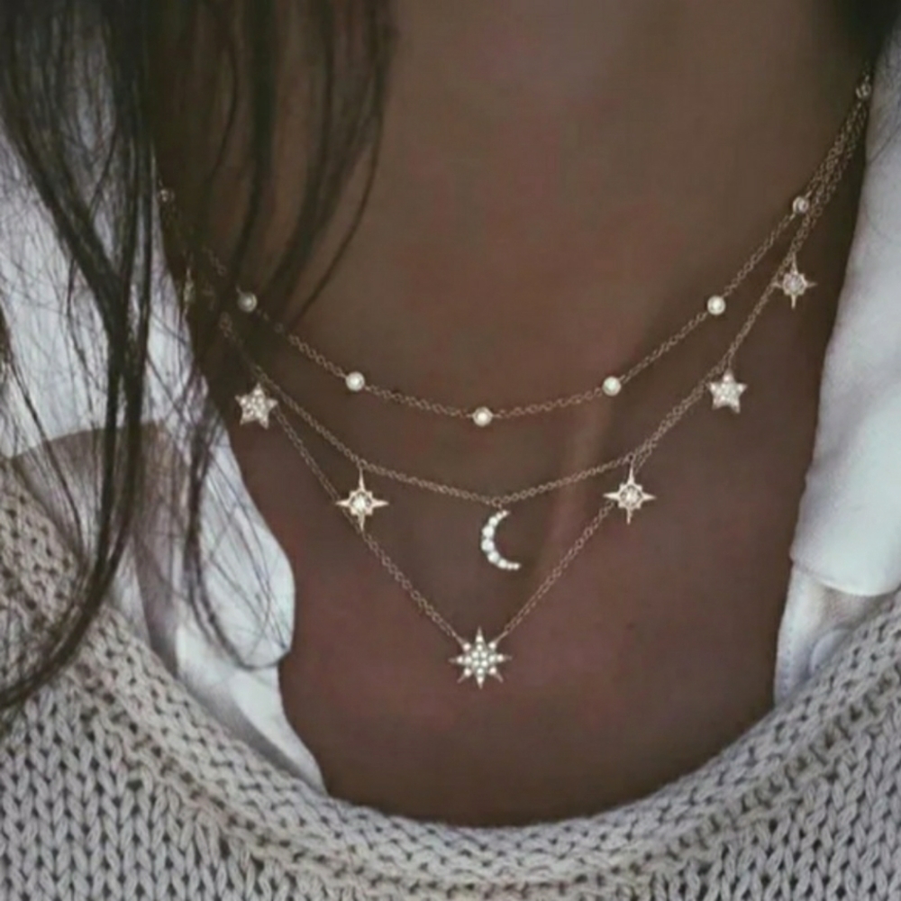 NEW Gold Layered Moon and Stars Necklace